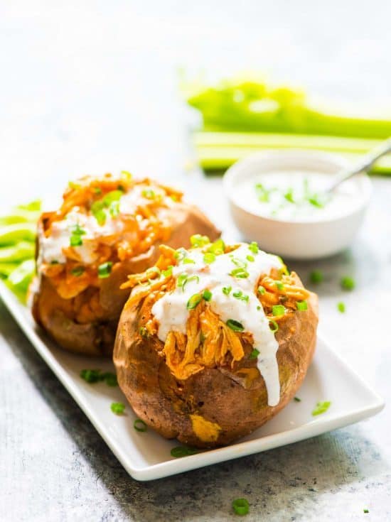 Buffalo Chicken Stuffed Sweet Potatoes